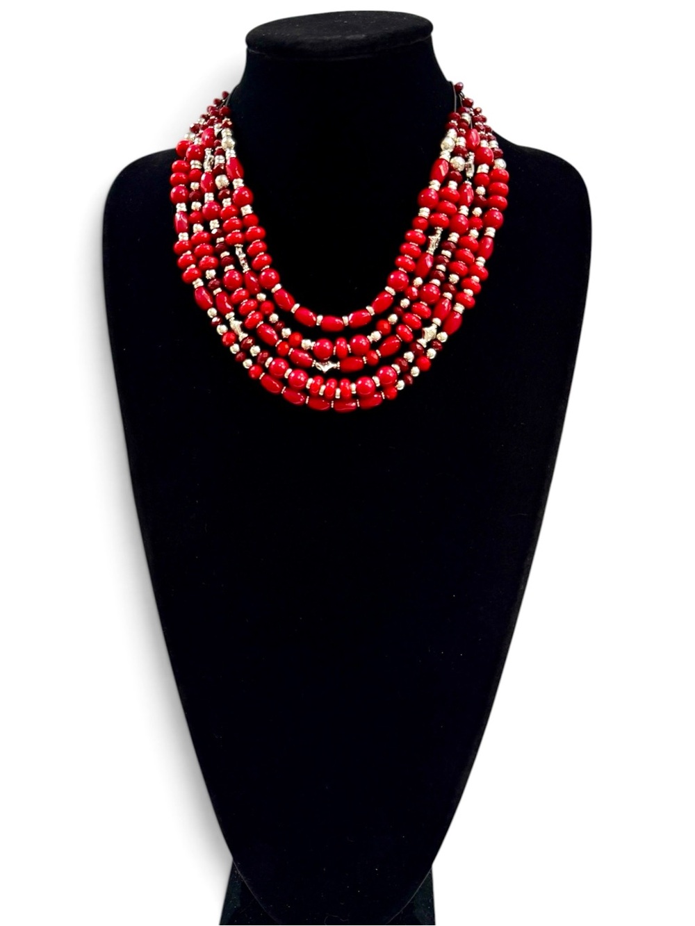 Premier Designs Red Multi Strand Statement Necklace with Silver Star Beads NIB